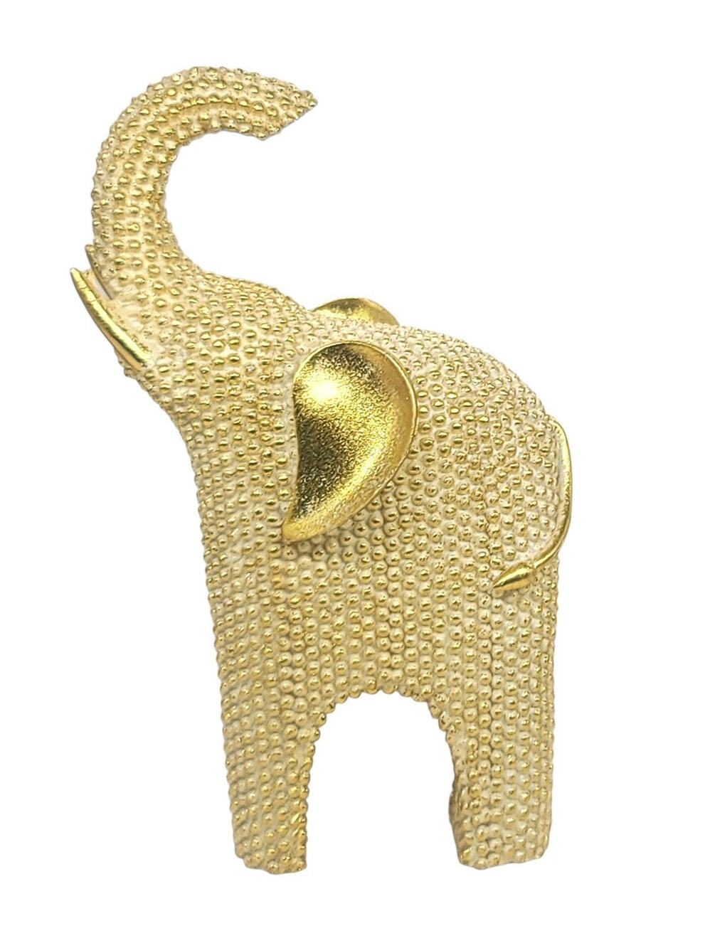 Gold Tone Elephant Figurine Covered w/ Gold Tone Polkadots Trunk Up For Luck 9"